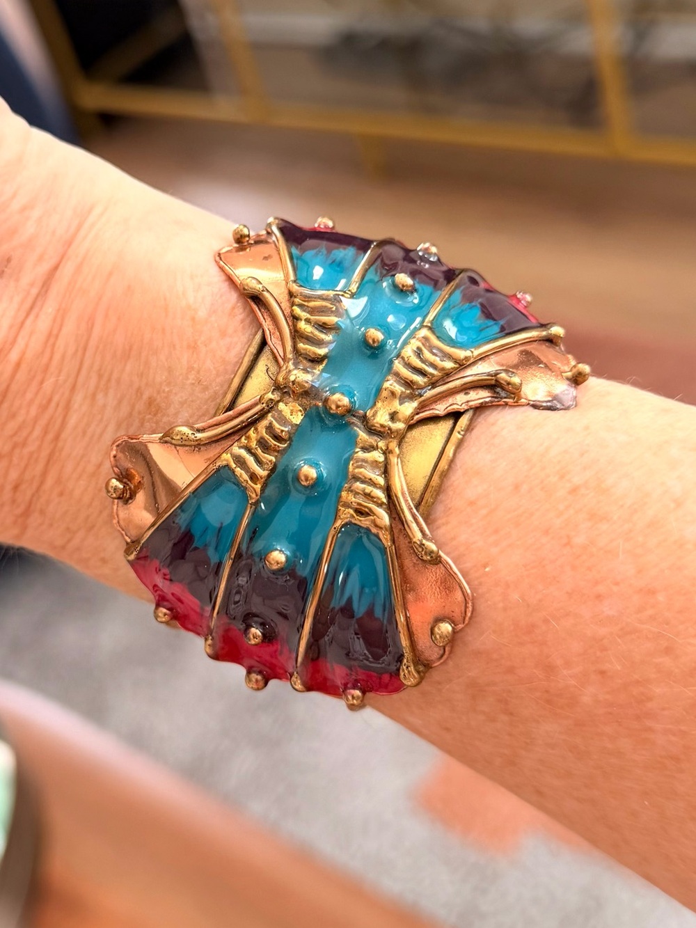 Vintage Artisan Brass Enamel Sculptural Cuff Bracelet Statement Jewelry